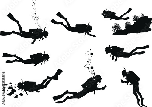 Scuba diver silhouettes, underwater exploration poses, marine life interaction, coral reef activity, black vector illustration, ocean diving concept