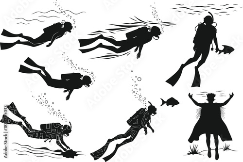 Scuba diver silhouettes, underwater exploration poses, marine activity, ocean gear, black vector illustration, aquatic motion, diving concept
