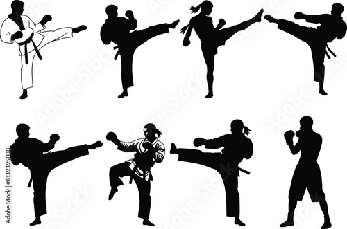 Martial arts silhouettes, high kick poses, fighting stances, traditional uniforms, black vector illustration, combat training, dynamic motion concept