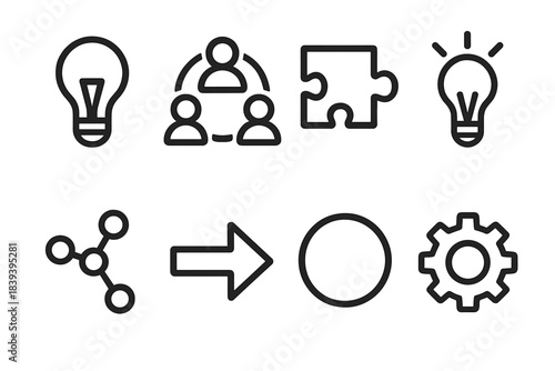 Innovation Icons Collection. Collaborative Innovation Spaces Essentials linear set: lightbulb, group circle, puzzle piece, idea spark, connection nodes, flow arrow, clarity ring,