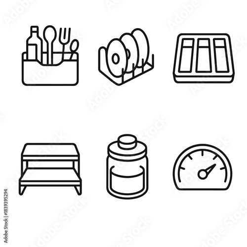 Kitchen Organizer Icons. Cooking Space Organizers linear set: countertop caddy, pot lid rack, cutlery tray, shelf riser, pantry jar, organization meter.