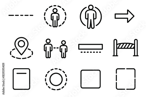 Boundary Icons Collection. Boundaries Set linear set: boundary line icon, personal space bubble, firm stance figure, limit arrow, protected zone marker, respectful distance cue,
