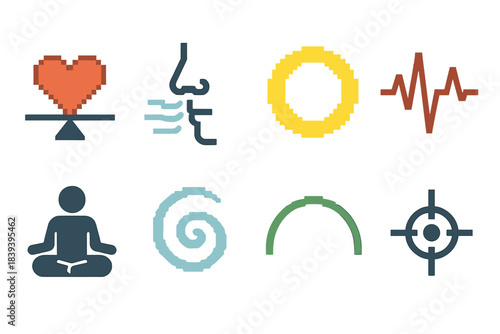 Emotional Balance Icons. Emotional Balance Elements pixel style set: heart equilibrium, calm breath line, gentle glow ring, steady pulse, centered figure, soft swirl, harmony arc,
