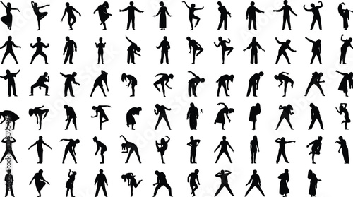 Collection of woman and girl silhouettes dancing, stretching, and posing in different movements, fitness, choreography, and performance art concept, vector illustration set