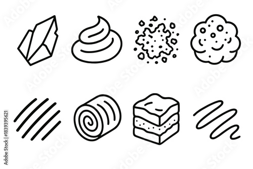 Cooking Icon Set. Texture & Technique Pack linear set: crisp shard, creamy swirl, crunchy crumb, airy foam, sear mark icon, spiral slice, layered bite, drizzle line. .