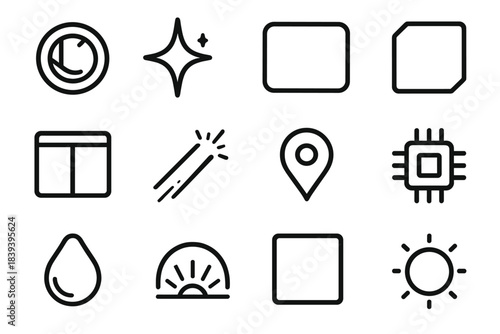 Visual Clarity Icons. Visual Clarity Icons linear set: open-lens ring, highlight spark, crisp outline bar, refined edge tile, clean-view window, clarity beam line, focused-dot