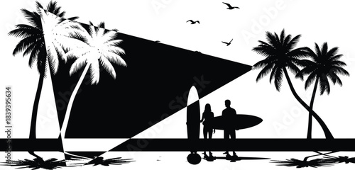 Couple on a tropical beach silhouette with palm trees and surfboards, man and woman ready for surfing, summer vacation travel concept, artistic vector illustration