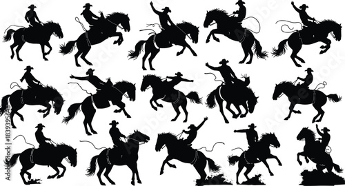 Cowboy and horse silhouette collection, wild west rodeo riders in action, galloping, bucking, and rearing poses, isolated western vector illustration set on white background.