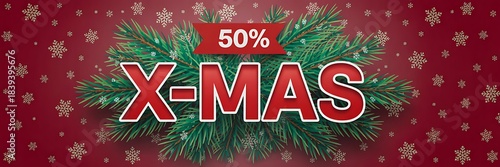 Xmas sale banner with pine branches and festive red winter background
