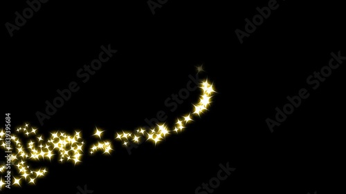 Glittering particle trails for video transition or wipe effect. glitter star explosion, twinkle magic, magic FX, glitter particles light trail on black screen background, alpha channel loop 4k video