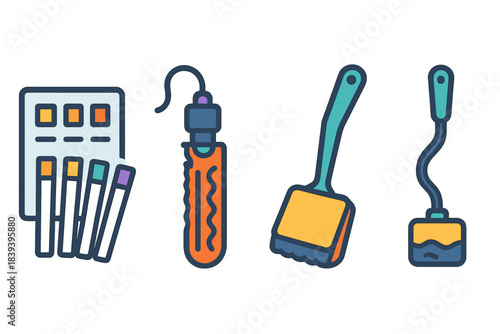 Aquarium Essentials Icons. Aquarium Care Items flat set: test-strip card, heater guard, cleaning brush.