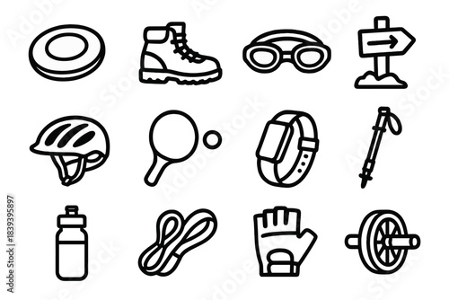 Active Fitness Icons. Active Leisure Fitness Set linear set: frisbee, hiking boot, swim goggles, trail marker, bike helmet, paddle ball set, fitness tracker, trekking pole, sports