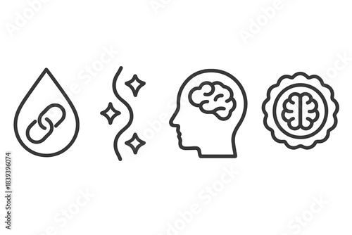 Cognitive Pattern Icons. Aligned Cognition Patterns linear set: purpose-link droplet, guided-thought strand, coherent mind badge.