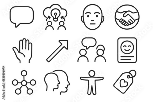 Icons of Connection. Interpersonal Growth Set linear set: communication bubble, shared ideas cloud, attentive face, cooperation circle, welcoming hand, guidance arrow, talk pair