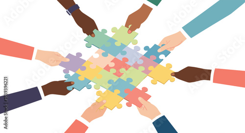 Many diverse hands work together to assemble a colorful jigsaw puzzle symbolizing teamwork collaboration and problem solving.