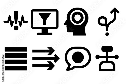 Focus Dynamics Icons. Focus Dynamics Set silhouette set: attention pulse, selective filter screen, mental spotlight ring, diverted-path cue, sustained-focus bar, processing lane
