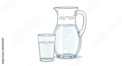A clear glass pitcher and a drinking glass are both filled with fresh clean water for a healthy hydration concept.