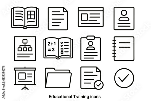 Educational Icon Set. Educational Training Set linear set: curriculum guide, outline page, learning module, topic card, diagram sheet, practice workbook, assessment form, note pad,