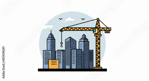 Construction crane towering over city buildings during daylight hours.