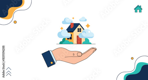 A businessman's hand holds a small house in its palm as a symbol for real estate insurance property and home ownership.