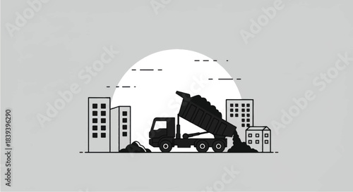 Construction dump truck unloading materials in urban setting illustration.