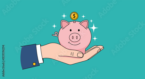A businessman's hand holds a smiling pink piggy bank as a gold coin is dropped in for a financial savings concept.