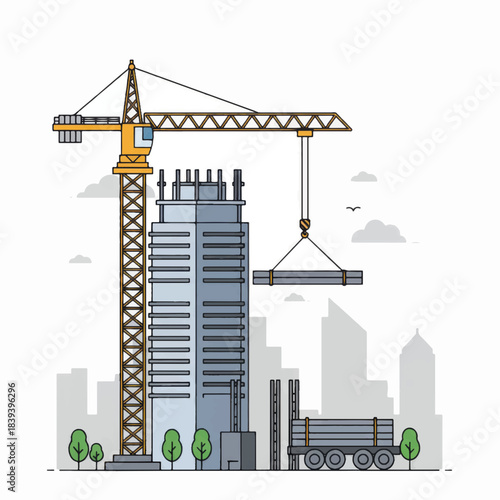 Construction crane lifting steel beam to skyscraper building site.