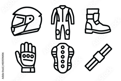 Road Safety Icons. Road-ready Rider Equipment linear set: modular helmet, abrasion-resistant suit, ankle guard, impact gloves, spine shield, high-visibility strap.