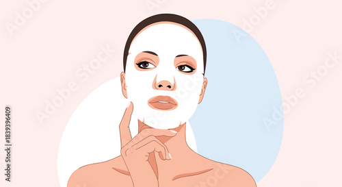 A beautiful young woman with a white sheet mask on her face looks away thoughtfully during her skincare beauty routine.