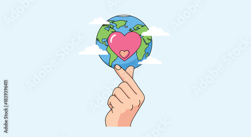 A hand making the Korean finger heart gesture balances the globe with a large heart on it for world health or earth day.