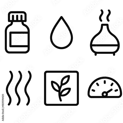 Aromatherapy Icon Set. Aromatherapy Items linear set: essential oil bottle, scent droplet icon, aroma diffuser, soft fragrance wave, botanical note tile, relaxation gauge.