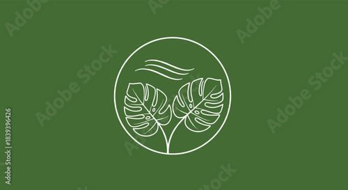 A minimalist and elegant line art logo with two monstera leaves inside a circle on a green background for a natural brand.