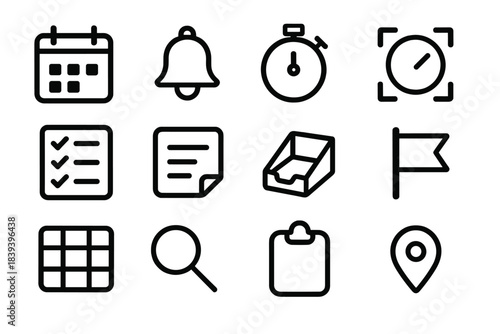 Productivity Icon Set. Productivity Tools & Aids linear set: calendar tile, reminder bell, timer circle, focus mode icon, checklist sheet, notes app symbol, file sorter, priority