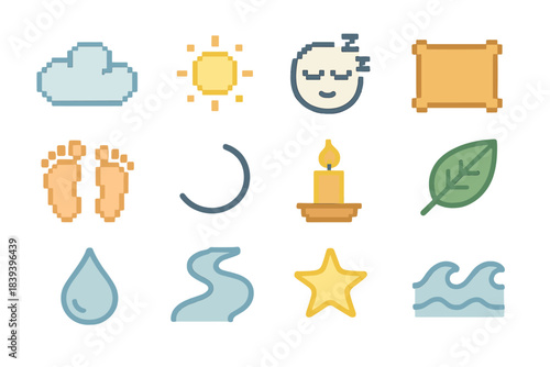 Serene Sleep Icons. Peaceful Slumber pixel style set: serene cloud, soft glow, sleeping face outline, cozy cushion, slow steps, quiet curve, warm candle, tranquil leaf, dreamy