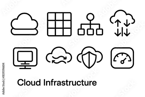 Cloud Infrastructure Icons. Cloud Infrastructure Management linear set: cloud layers, container grid, load balancer icon, auto-scale arrows, virtual machine tile, data sync wave,