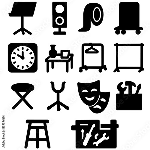 Brutalist Performance Icons. Performance Setup Tools silhouette set: music stand, cue light, stage marker tape, set piece dolly, rehearsal clock, prop table, quick-change rack,