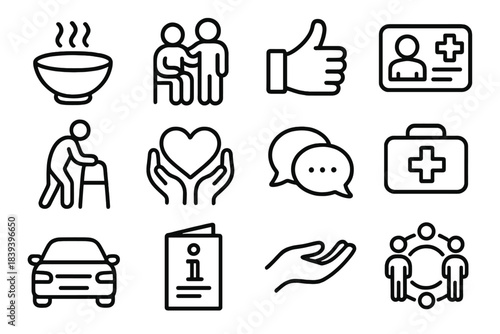 Community Support Icons. Community Care Set linear set: warm meal bowl, friendly visit icon, support gesture, health check card, assistance walker symbol, comfort heart, shared