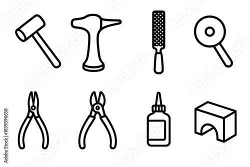 Metalworking Tools Icons. Metal shaping tools linear set: mallet, shaping stake, rasp file, cut-off wheel, pliers set, layout dye bottle, riveting tool, gauge block.