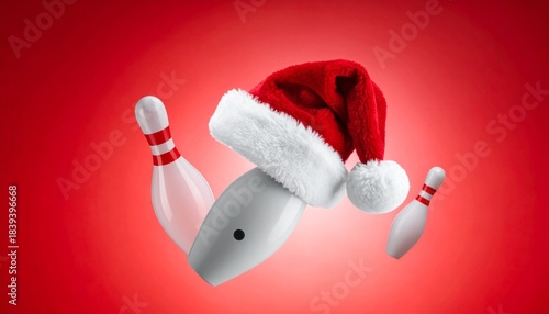 Christmas Bowling Pins: Full Rack with the Head Pin Wearing a Santa Hat on a Red Background