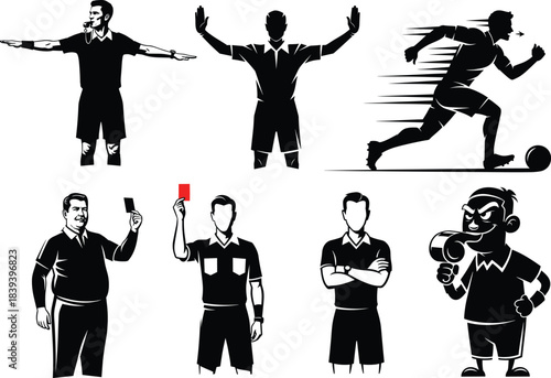 Silhouette soccer referee, player action, whistle, red card, black and white, vector illustration, sports signal, authority, motion