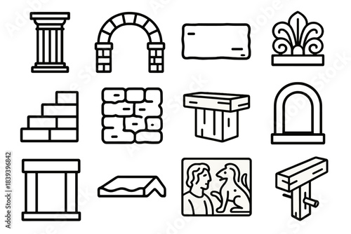 Ancient Architectural Icons. Ancient Construction Features linear set: pillar shaft, load-bearing arch, stone slab, carved ornament, terraced step, mudbrick texture, wooden beam