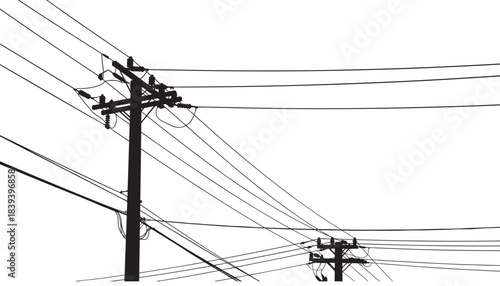 Utility pole silhouette, power line structure, electric grid network, urban energy infrastructure, cable system design, vector illustration, black outline, industrial art