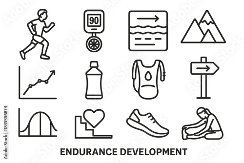 Endurance Icons Collection. Endurance Development linear set: long-distance runner, cycling cadence meter, swim lap counter, elevation gain icon, pace chart, energy gel, hydration