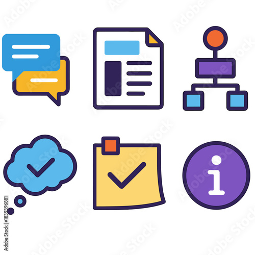 Flat Vector Icon Set. Technical Communication Set flat set: message thread, documentation page, flowchart, clarity bubble, solution note, info panel.