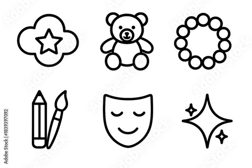Therapeutic Play Icons. Therapeutic Play Elements linear set: imagination cloud, comfort toy, sensory bead ring, creative tools, gentle expression mask, healing spark.