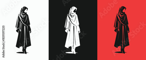Fashion collection vector illustration of a beautiful woman model in a black and red dress costume with hair and hood