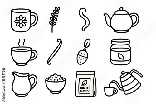 Evening Tea Icons. Evening Relaxation Drinks linear set: chamomile mug, lavender sprig, soft steam curl, ceramic teapot, vanilla pod, warm chai cup, leaf strainer, honey jar,