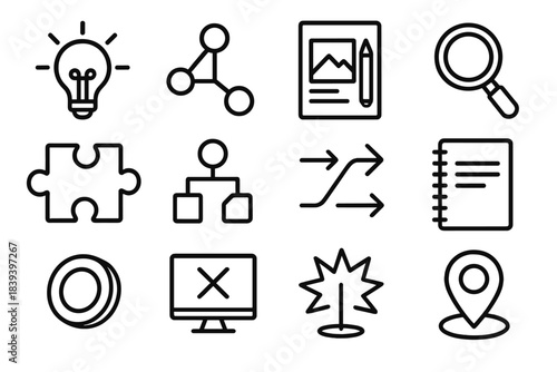 Creative Strategy Icons. Creative Strategy Elements linear set: spark idea, concept map, design draft, research lens, prototype piece, flowchart nodes, strategic arrows, planning