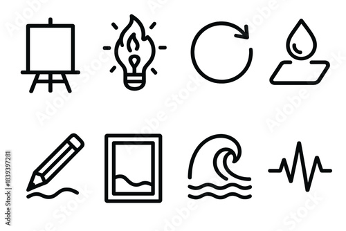 Creative Icons Grid. Creative Reboot linear set: blank canvas, idea rekindle spark, concept reset shape, fresh color drop, new sketch line, inspiration wave, draft restart frame,