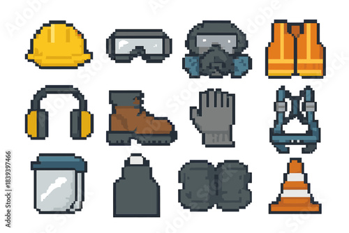 Pixelated Safety Gear Icons. Protective Work Equipment set of icons in flat pixel vector style: hard hat, safety goggles, respirator mask, high-visibility vest, ear defenders,